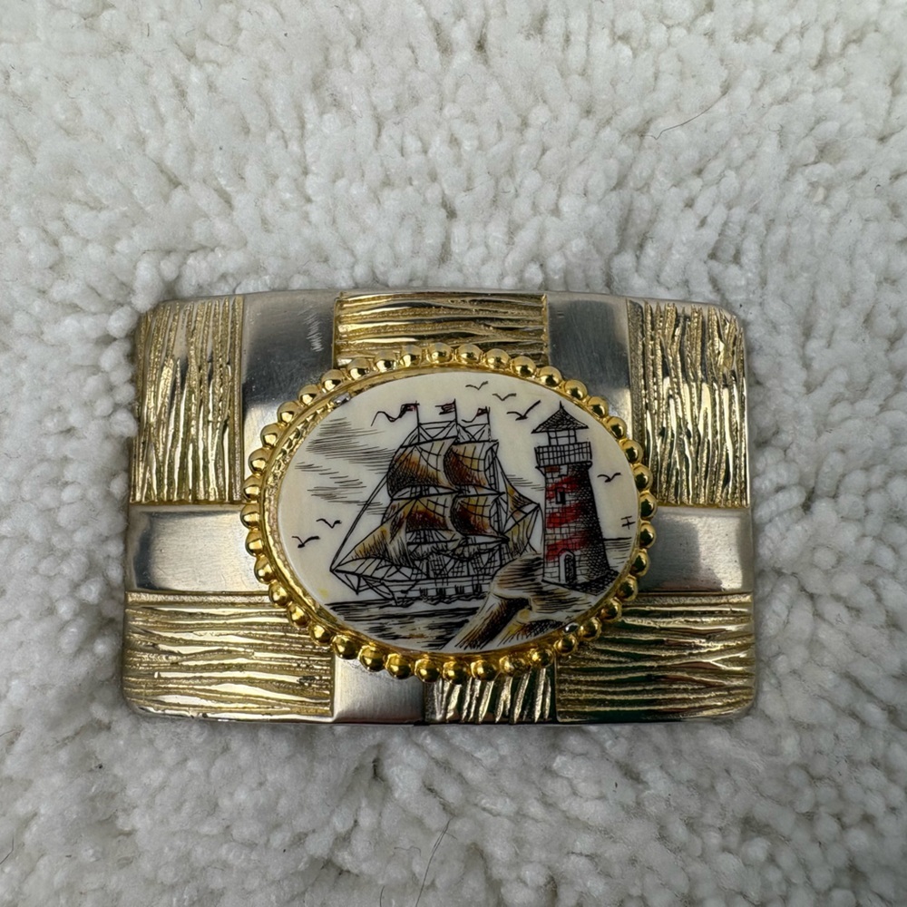 Vintage Belt Buckle with Scrimshaw-Style Art of a Sailing Ship and Lighthouse